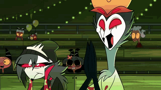 a couple of cartoon characters are standing next to each other with their eyes closed