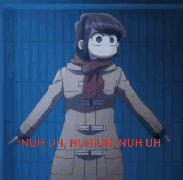 a girl in a trench coat with the words " nuh uh nuh uh nuh uh " above her