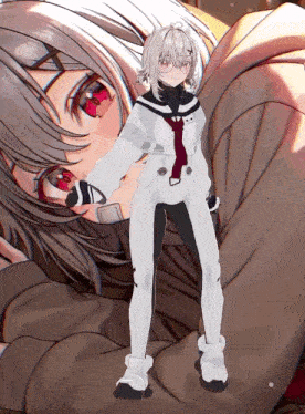 a girl with white hair and red eyes is standing in front of another girl