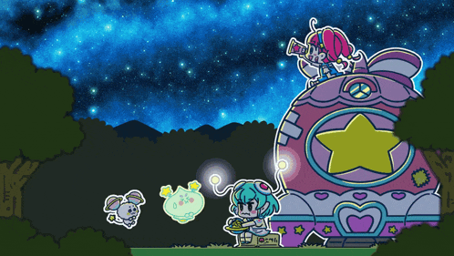 a cartoon drawing of a girl looking through a telescope with a sign that says ' bank ' on it