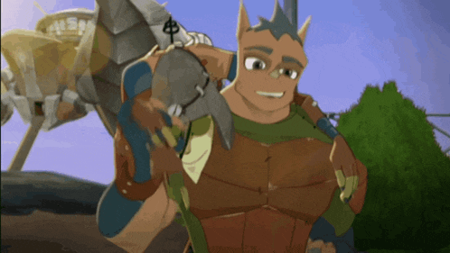 a cartoon character with a sword on his shoulder