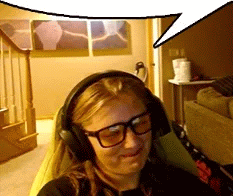 a woman wearing headphones and glasses with a speech bubble above her