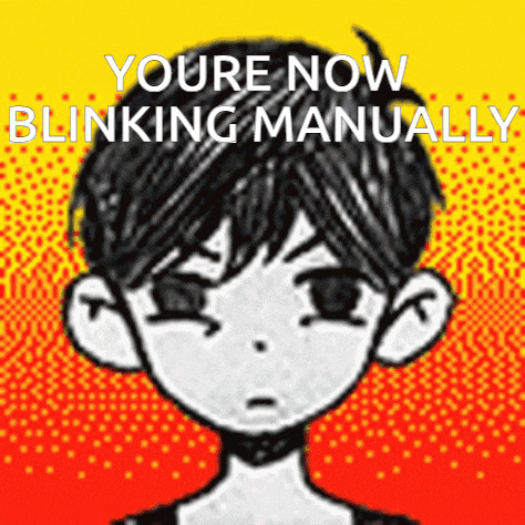 a black and white drawing of a boy with the words " you 're now blinking manually " above him