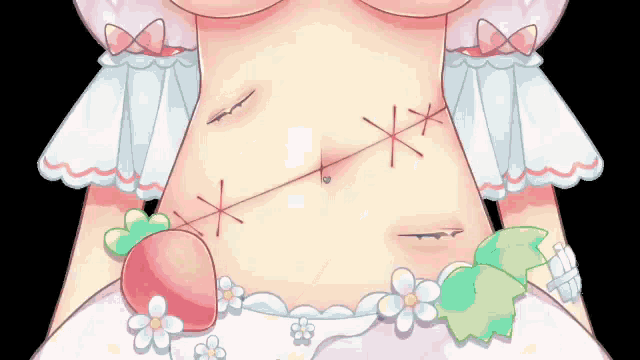 a close up of a girl 's stomach with stitches and a strawberry on it .
