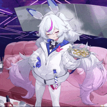 a girl with long white hair is holding a plate of food in her hands
