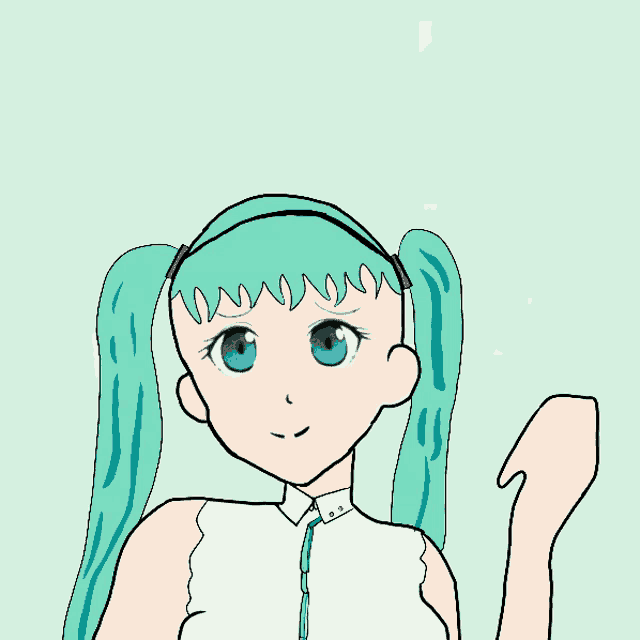 a drawing of a girl with green hair and a white shirt