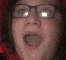 a close up of a person 's face with glasses and a red background .