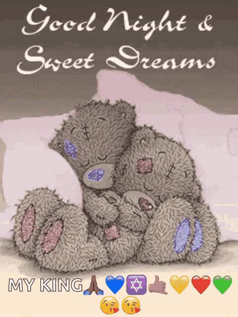 a couple of teddy bears hugging each other with the words good night and sweet dreams