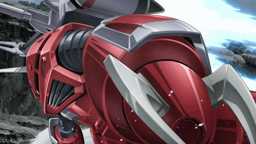 a close up of a red robot with a white stripe on the bottom
