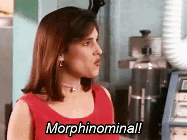 a woman in a red top says morphinominal