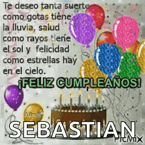 a birthday card with balloons and the name sebastian