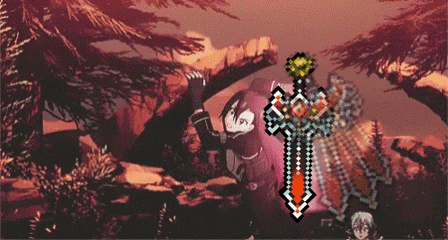 a pixel art drawing of a sword and shield with a person in the background
