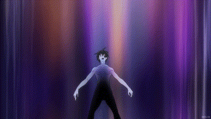 a shirtless anime character is standing in front of a purple curtain with his arms outstretched .