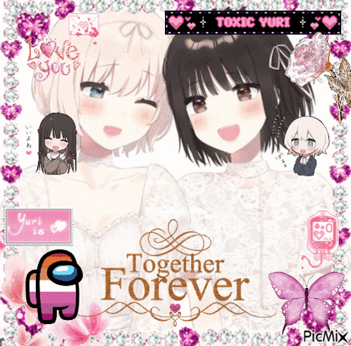 a couple of anime girls standing next to each other with the words together forever on the bottom