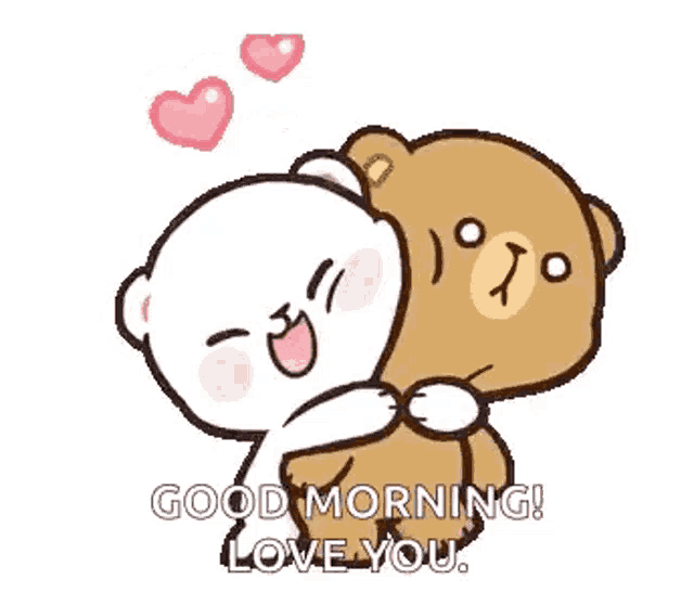 a couple of teddy bears hugging each other with hearts flying around them .