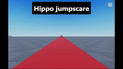 a hippo is jumping over a red carpet in a video game with a blue sky in the background .