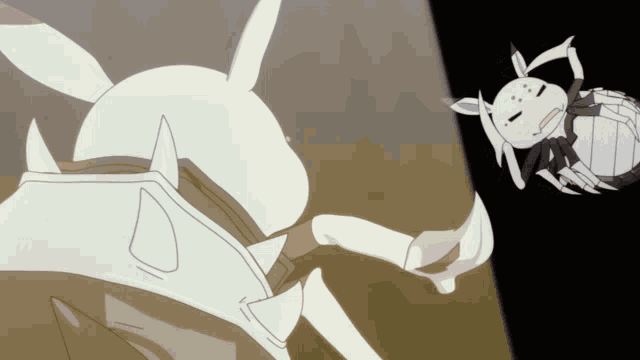 a cartoon drawing of a rabbit and a spider fighting