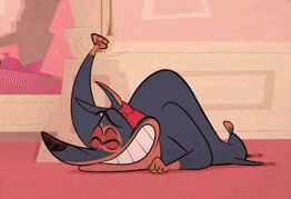 a cartoon dog is laying on its back with a red bow around its neck