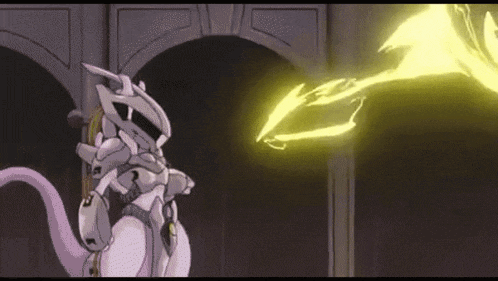 a cartoon character is standing in front of a building with a lightning bolt coming out of it 's mouth .