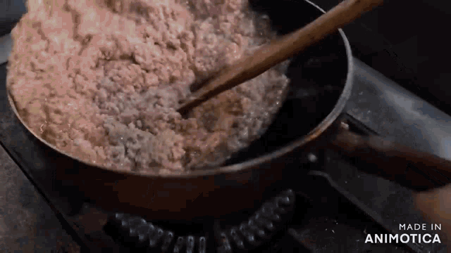 a pan of food is being stirred with a wooden spoon and the words made in animotica are visible