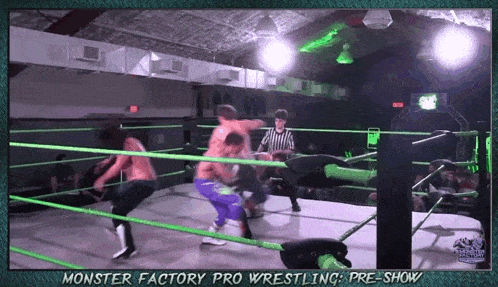 a monster factory pro wrestling pre show is shown on a screen
