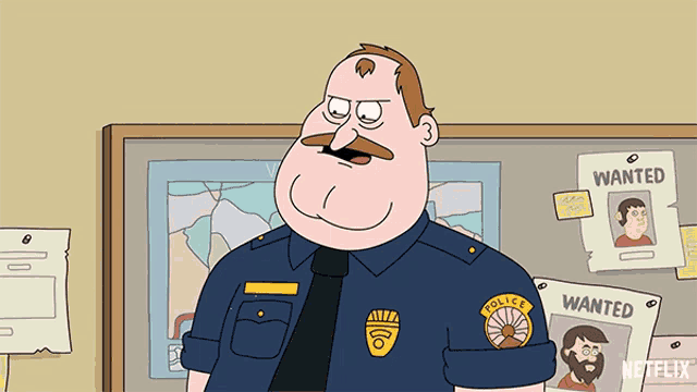 a cartoon police officer stands in front of a board with wanted posters