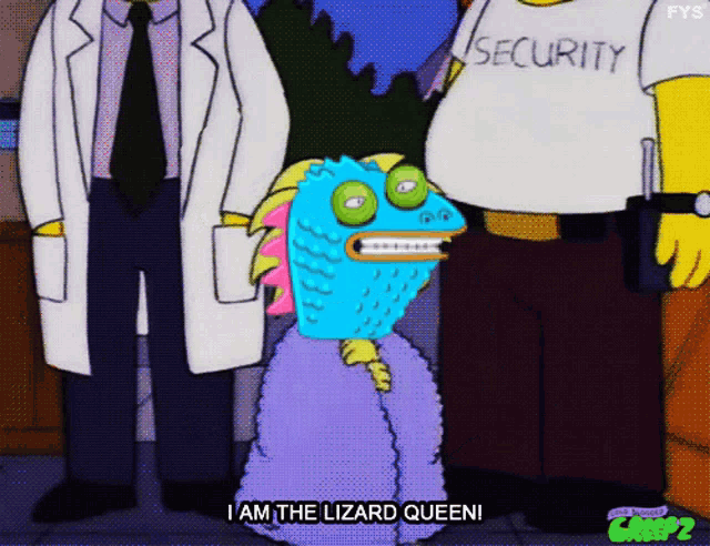 a cartoon character says i am the lizard queen in front of a security guard