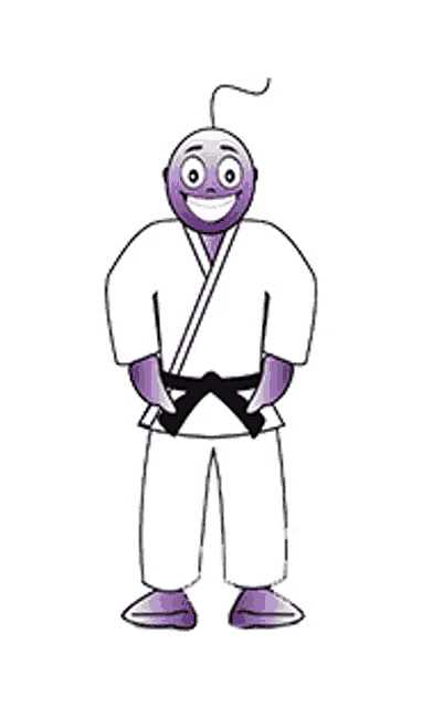 a cartoon character is wearing a white karate uniform and black belt .