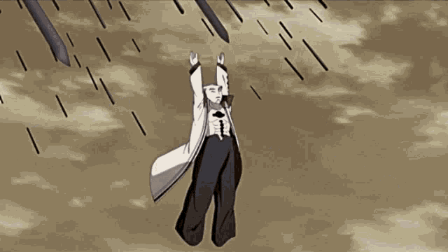 a cartoon character is standing in the rain with a sword in the background