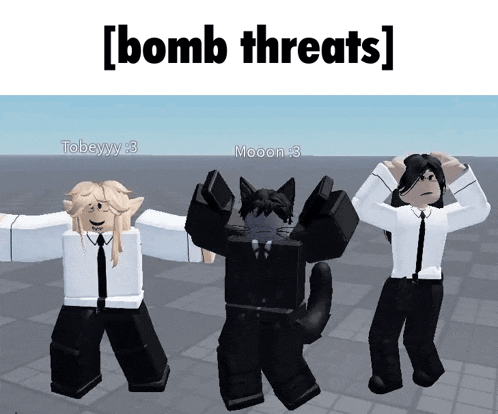 a group of people standing next to each other with the words " bomb threats " written above them
