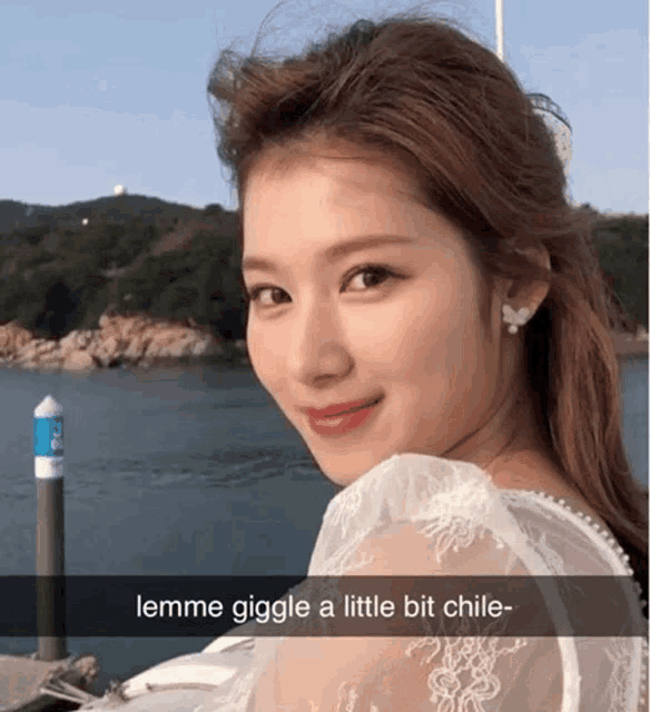 a woman in a white dress with the words lemme giggle a little bit chile below her