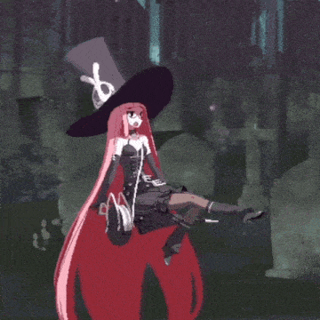 a girl with long pink hair is wearing a black top hat with a cross on it