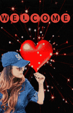 a woman in a blue hat holds a red heart and says welcome