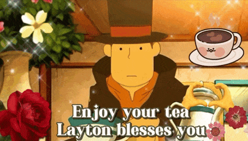 a cartoon of a man making a heart with his hands with the words enjoy your tea layton blesses you