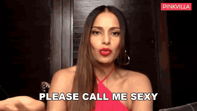 a woman in a red dress is asking someone to call her sexy .