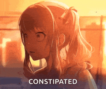 a girl with a ponytail is looking at the camera and the word constipation is on the bottom right