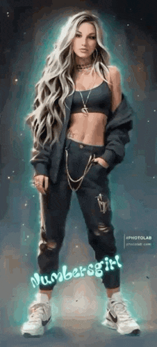 a painting of a woman with long blonde hair wearing a crop top , jeans and a jacket .