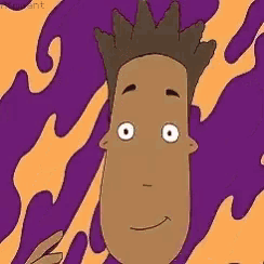 a cartoon character is standing in front of a purple and orange camouflage background .
