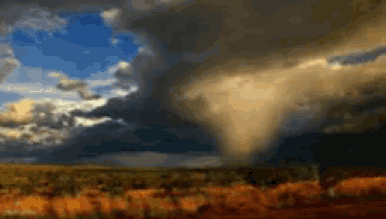 a painting of a cloudy sky with a tornado in the distance