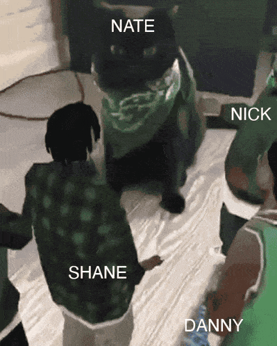 a group of people including nick shane and danny are standing around a black cat
