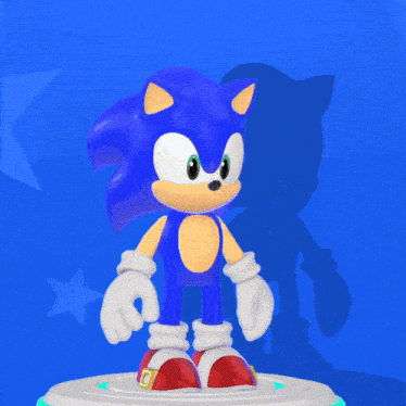 a cartoon of sonic the hedgehog on a cloud with a blue background