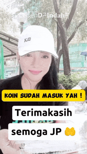 a woman wearing a white hat says koin sudah masuk yah ! terimakasih semoga jp