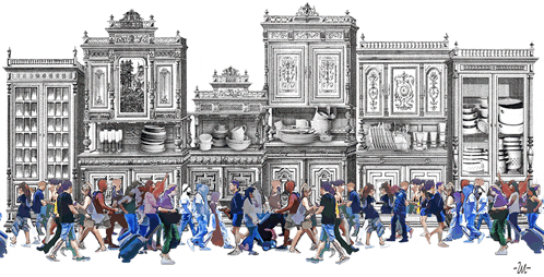 a drawing of people walking in front of a row of cabinets with the letter m on the bottom right