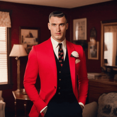 a man in a red suit and black vest is standing in a room