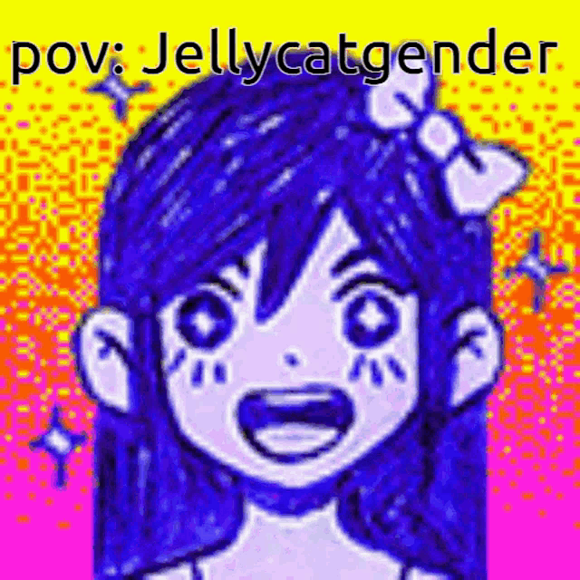 a cartoon girl with blue hair and a bow in her hair is smiling and looking at the camera .