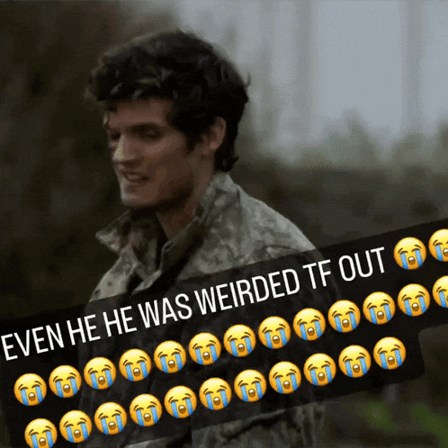 a picture of a man with the caption " even he was weirded tf out " on it
