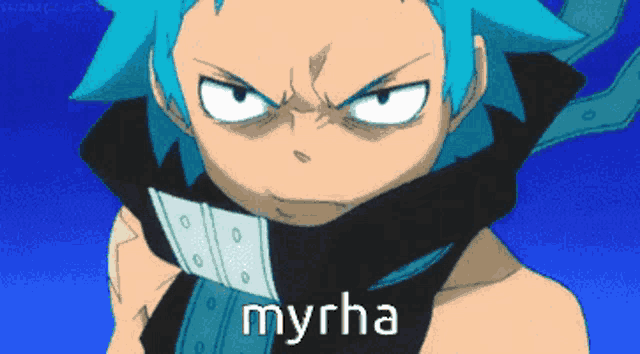 a cartoon character with a scarf around his neck has the word myrha on the bottom