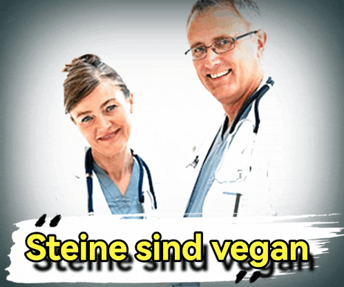 a man and a woman standing next to each other with the words " steine sind vegan " behind them