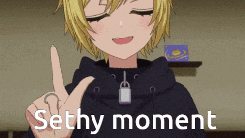 a girl giving a peace sign with the words " sethy moment " behind her