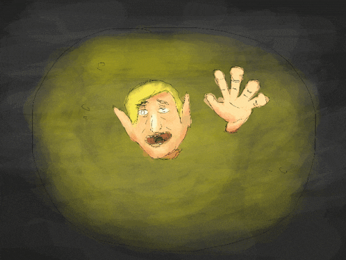 a drawing of a person 's face and hands in a dark room